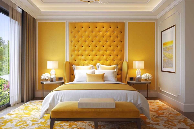 Bed with Towering Yellow Tufted Winged Headboard