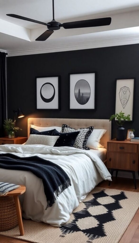 Bed with Tufted Headboard against Matte Black Accent Wall