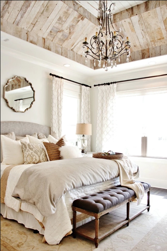 Bed with Vaulted Wood Ceiling & Crystal Chandelier, Rustic Chic
