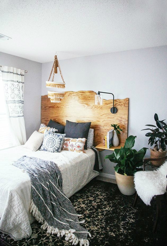 Bed with Wavy Edge Wood Headboard and Boho Tasseled Pendant Light