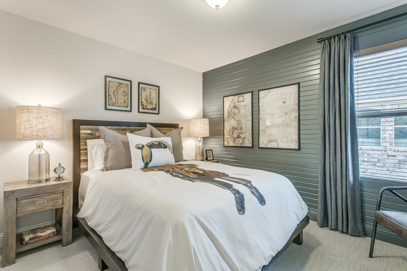Bed with Weathered Wood Nightstands Sage Green Shiplap Accent Wall
