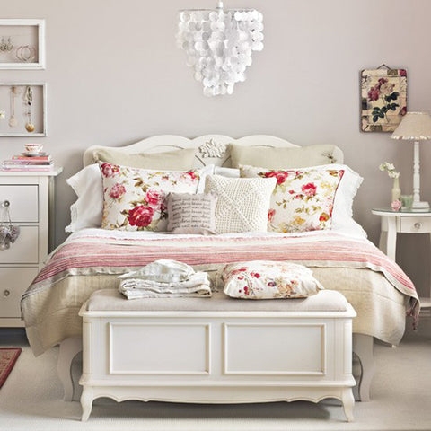 Bed with Whitewashed Storage Bench and Tiered Disc Chandelier