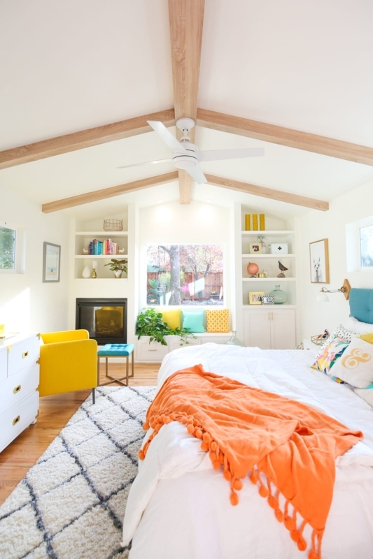Bed with Wood Ceiling Beams & Built-in Window Nook, Airy Decor