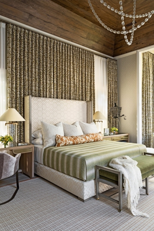 Bed with Wood Planked Ceiling and Full Wall Drapery in Luxury Bedroom