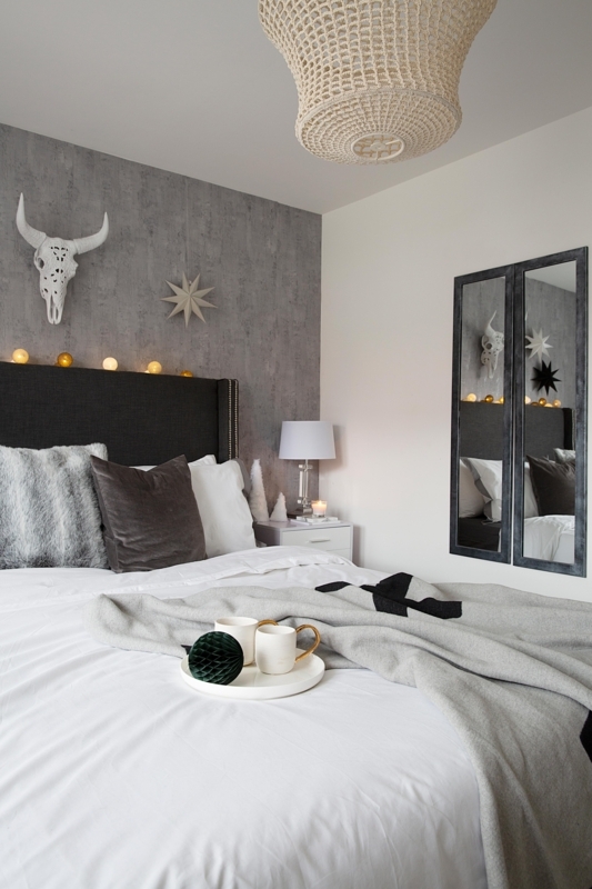 Bed Woven Pendant Light Concrete Textured Wall Faux Fur Boho