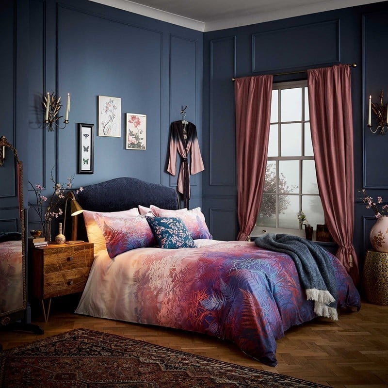 Bedding Set Botanical Print Navy Wainscoting Plum Velvet Moody Decor