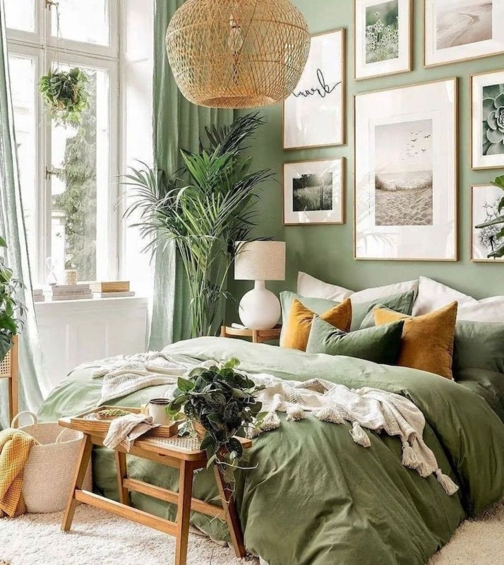 Bedding Set, Monochromatic Green Palette, Rattan Pendant, Gallery Wall