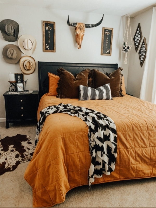 Bedding Set with Mustard Orange Quilt and Cowboy Hat Wall Decor