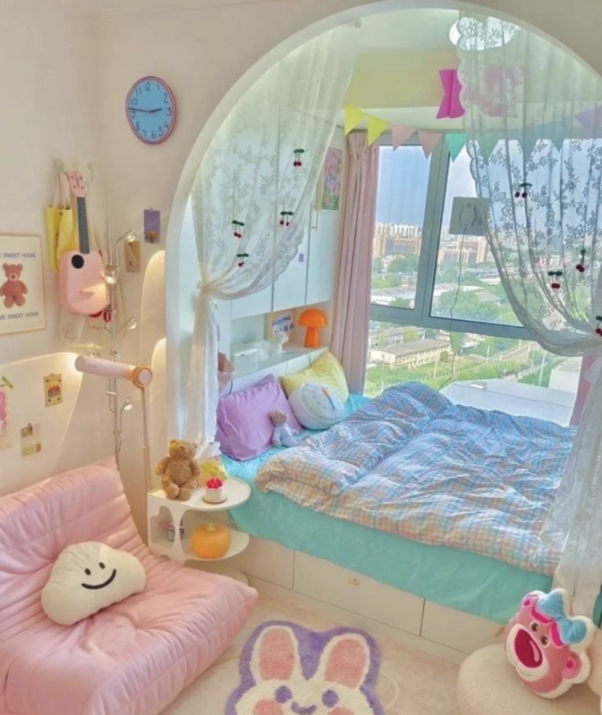 Bedroom Alcove with Arched Bed Nook & Sheer Lace Accents.