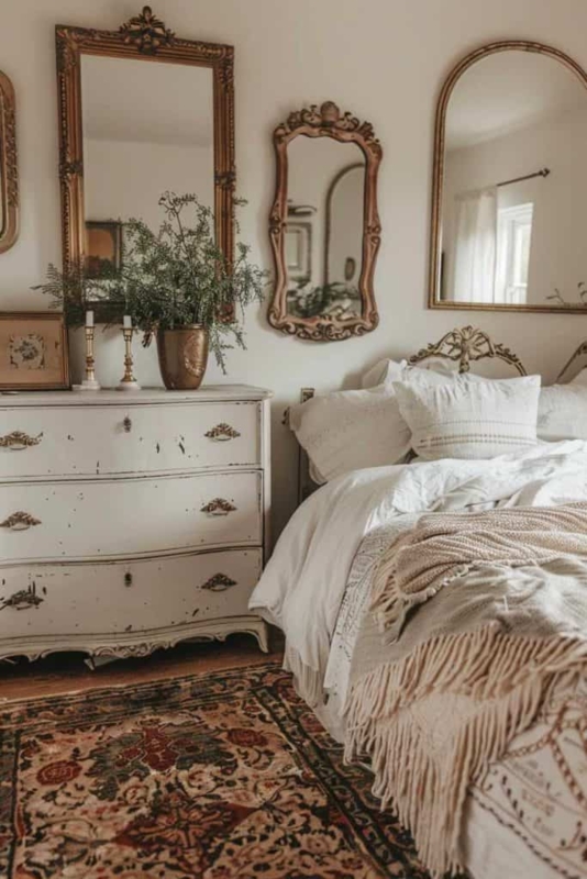 Bedroom Boho Chic with Ornate Gold Mirror Gallery Wall
