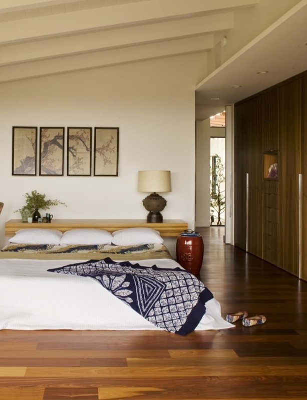 Bedroom Built In Headboard Shelf Vaulted Ceiling Wood Beams Zen Decor