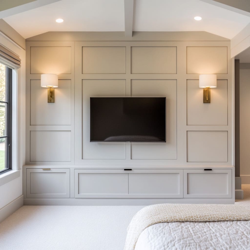 Bedroom Built-in TV Wall with Grid Paneling and Brass Sconces