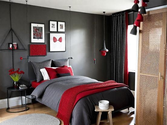 Bedroom Cane Door Wardrobe Striped Drapery Black Red Color Palette