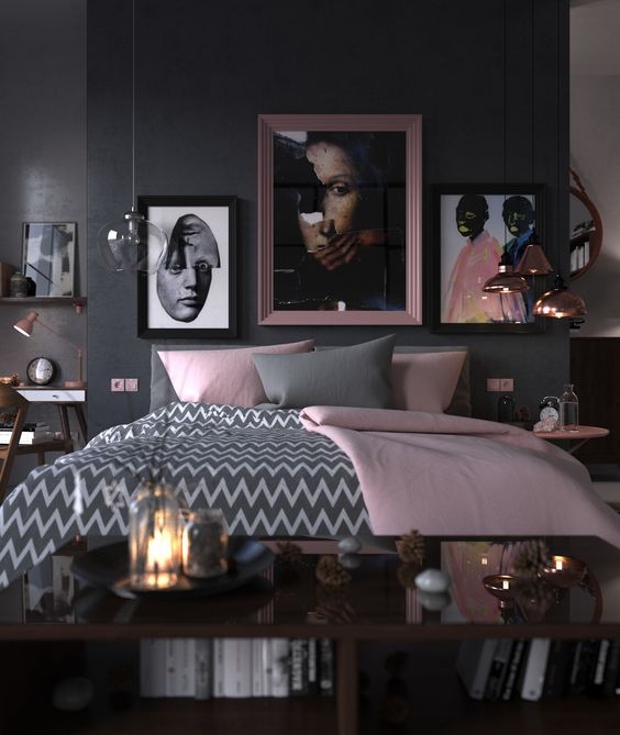 Bedroom Chevron Pattern Duvet Charcoal Wall Pink Accents Rose Gold