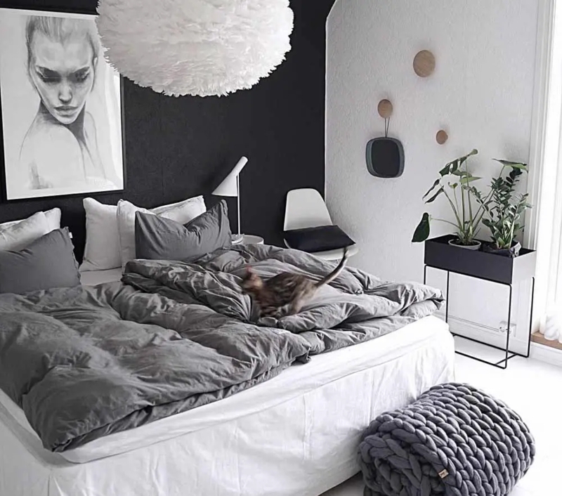 Bedroom Chunky Knit Blanket Accent Wall Feather Pendant Scandinavian