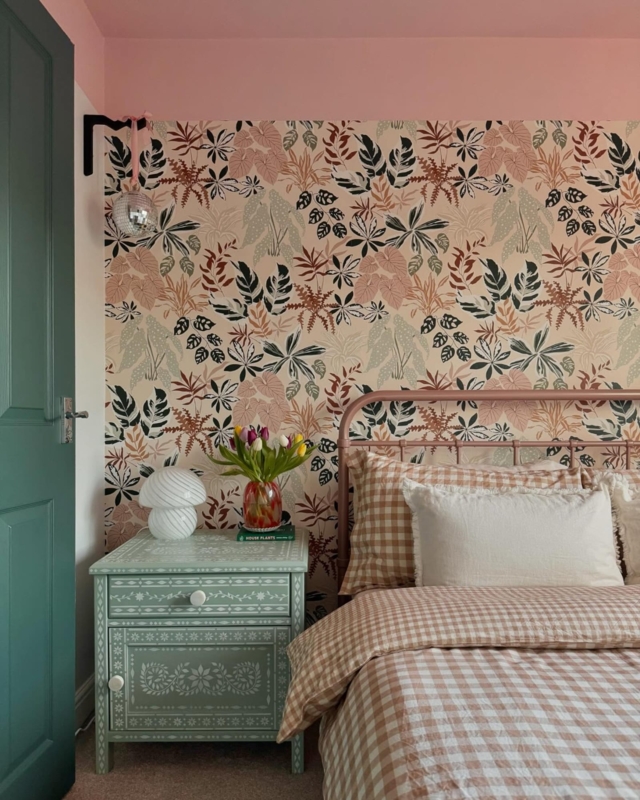 Bedroom Corner Eclectic Style with Stenciled Nightstand
