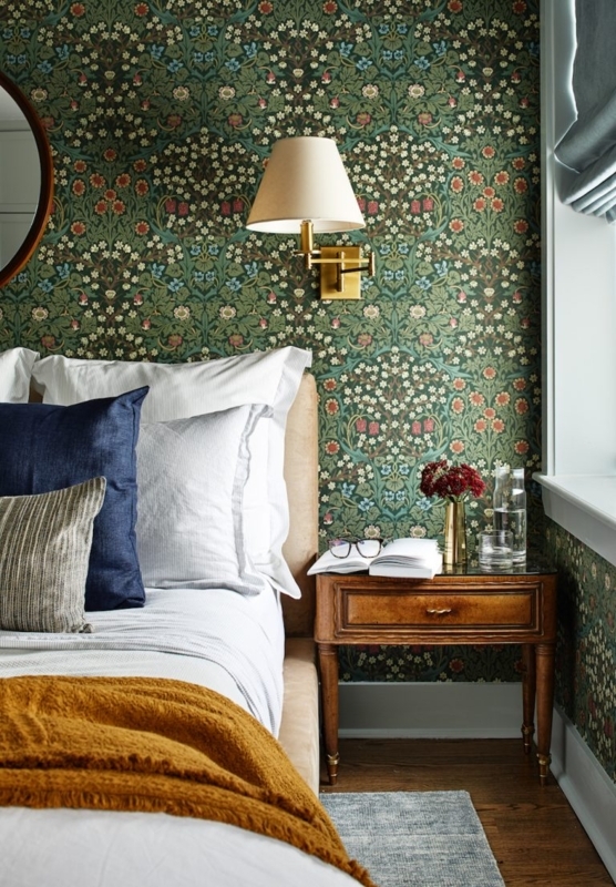 Bedroom Corner featuring Brass Swing Arm Lamp and Botanical Wallpaper