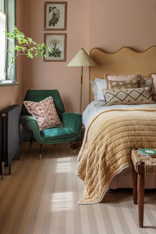 Bedroom Corner featuring Scalloped Headboard and Pink and Green Palette