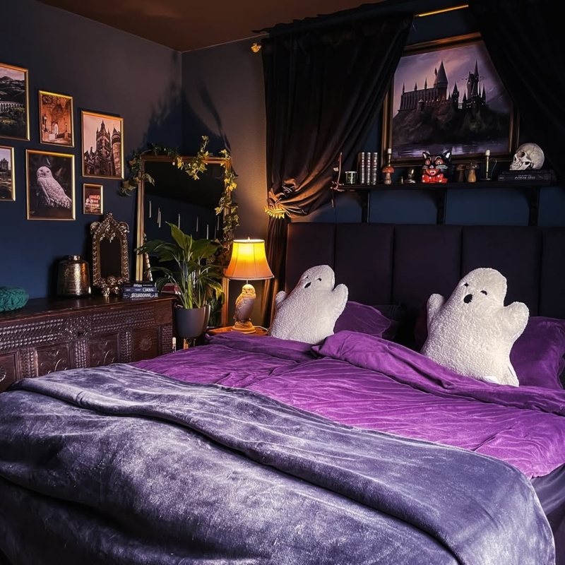 Bedroom Decor: Purple Velvet Bedding & Ghost Pillows Witchy Academia
