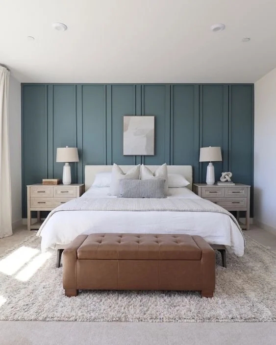 Bedroom Decor, Tufted Leather Bench, Blue Grey Board and Batten Wall
