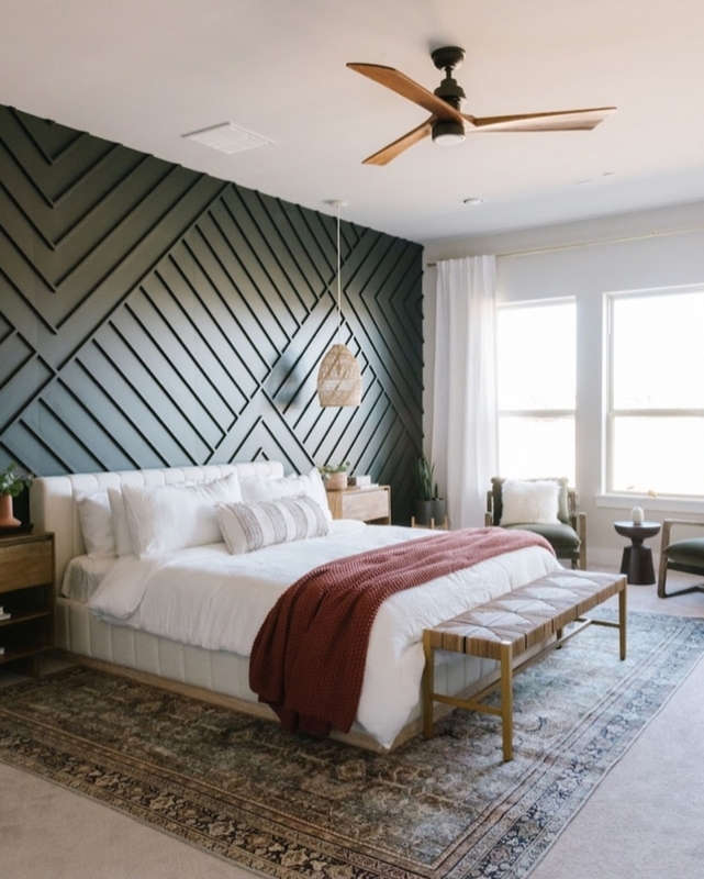 Bedroom Decor with Dark Forest Green Geometric Wood Slat Accent Wall