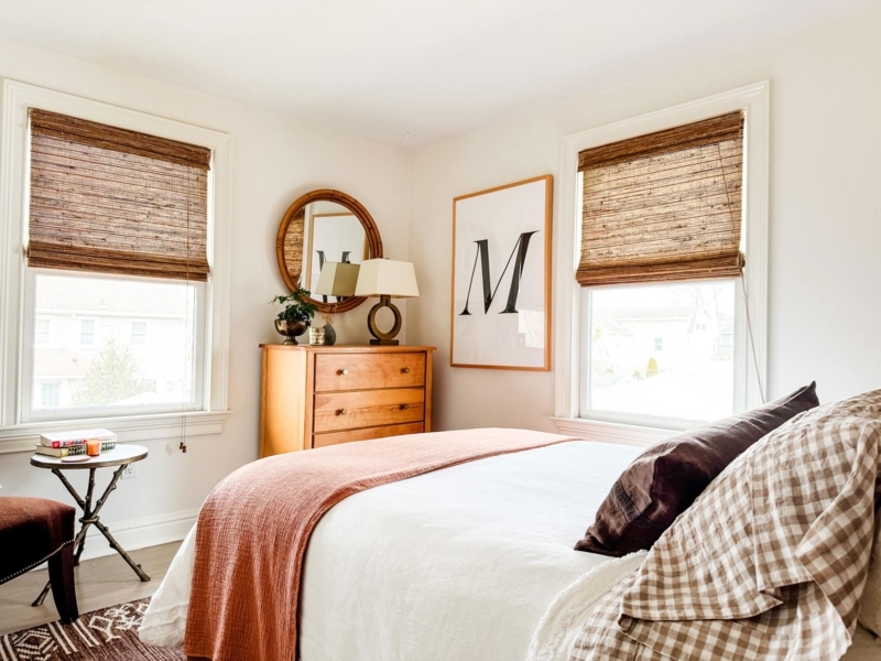 Bedroom Decor with Natural Woven Shades and Checkered Bedding Styling