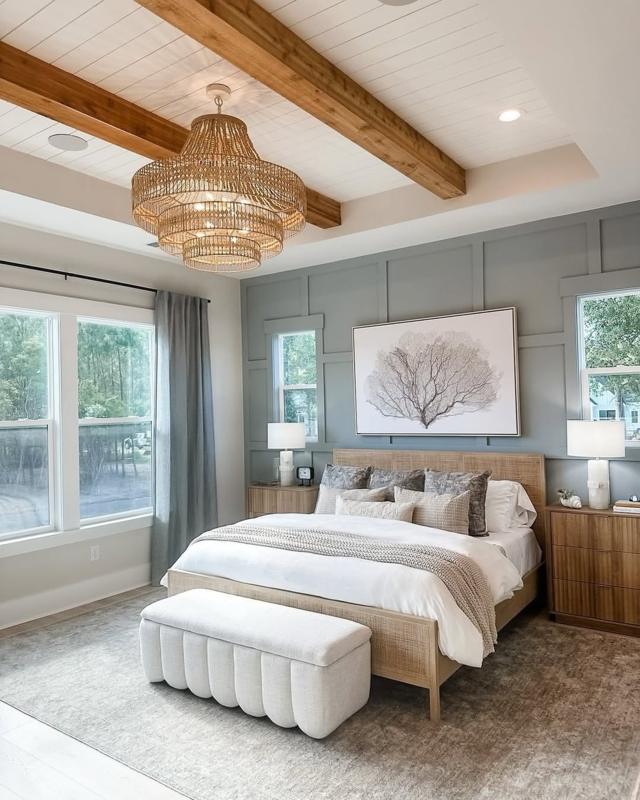 Bedroom Decor with Tiered Woven Chandelier and Coastal Blue Accent Wall