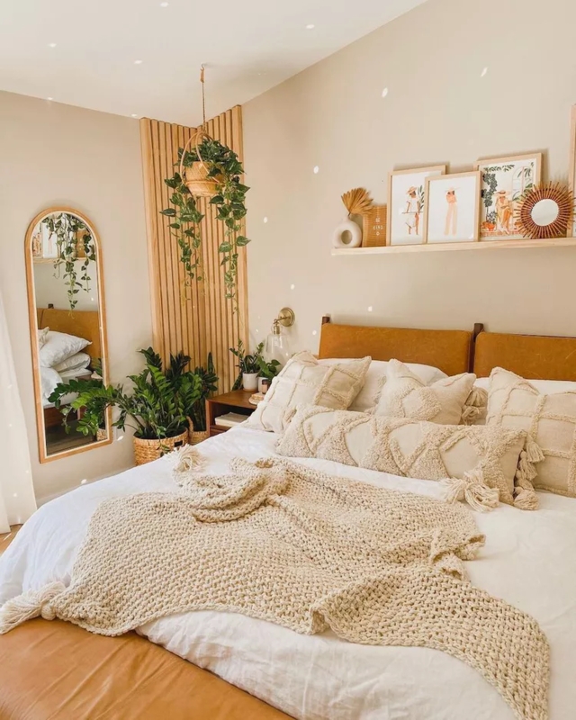 Bedroom Decor with Vertical Wood Slat Accent Wall, Layered Cream Textiles