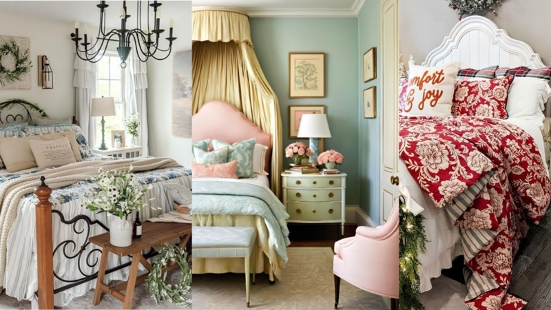 Bedroom English Cottage Style with Floral Bedding and Canopy