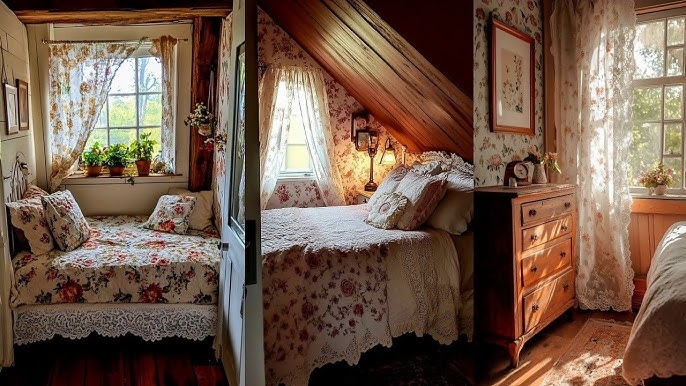 Bedroom Ideas with Lace Curtains and Floral Wallpaper in Attic