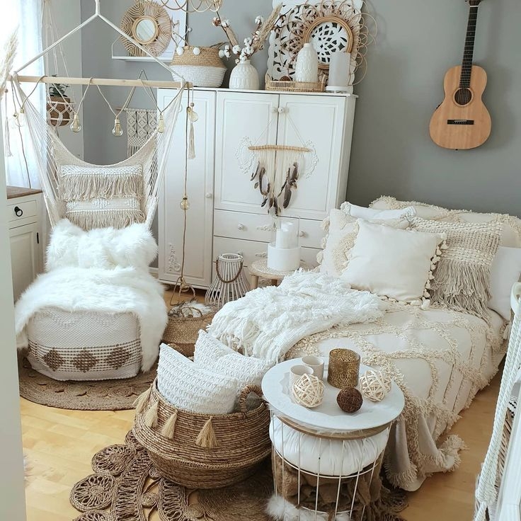 Bedroom Macrame Hanging Chair All White Textiles Bohemian Decor Cozy