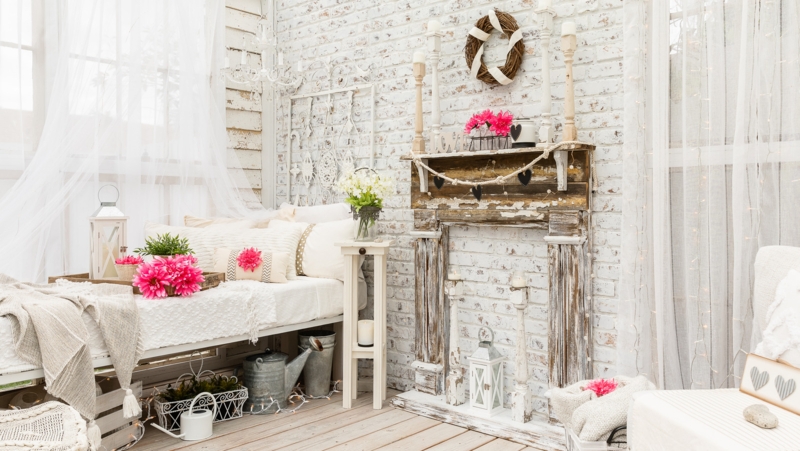 Bedroom Nook with Whitewashed Brick Wall and Faux Mantel Decor