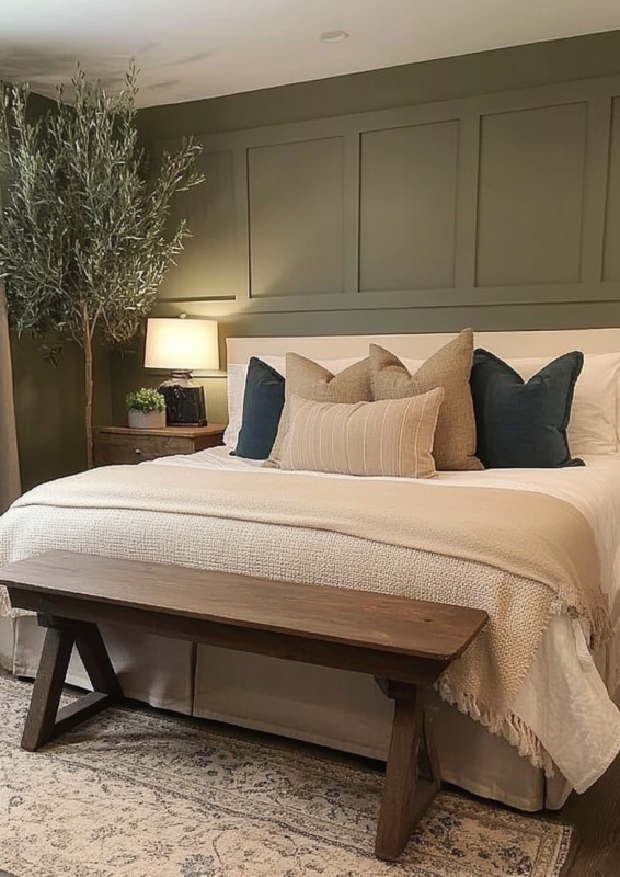 Bedroom Olive Green Paneling Dark Wood Bench Olive Green Accent Wall