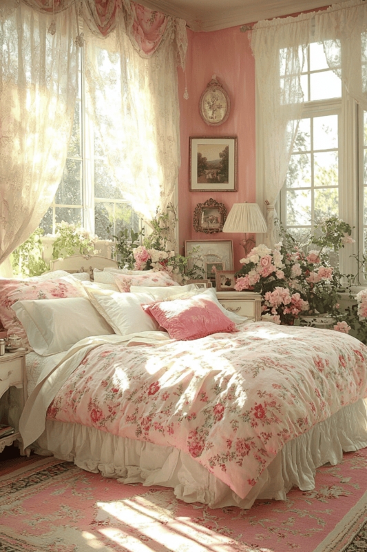 Bedroom Romantic Cottage with Pink Floral Comforter and Lace