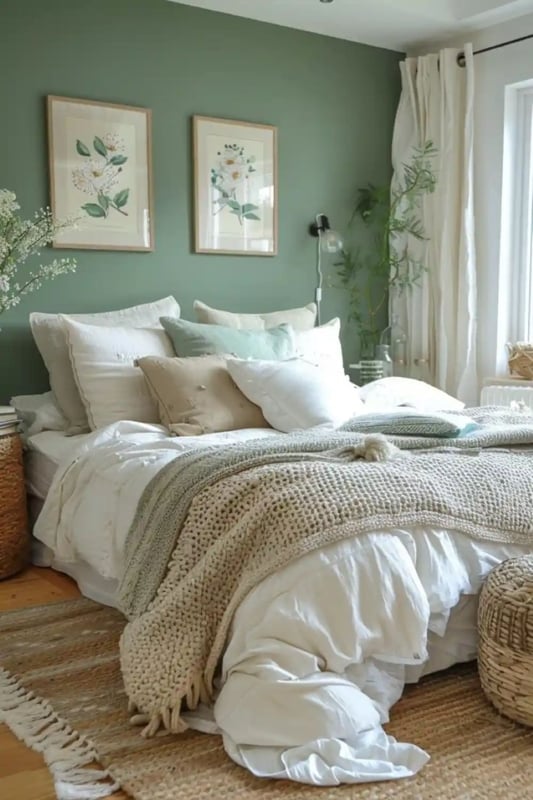 Bedroom Sage Green Wall Botanical Art Chunky Knit Throw Blanket Decor