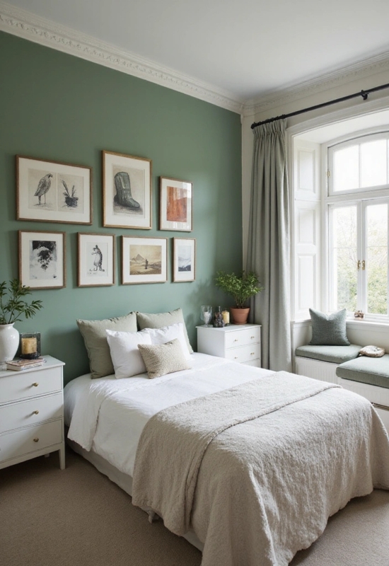 Bedroom Sage Green Walls Built-In Window Seat Reading Nook Decor