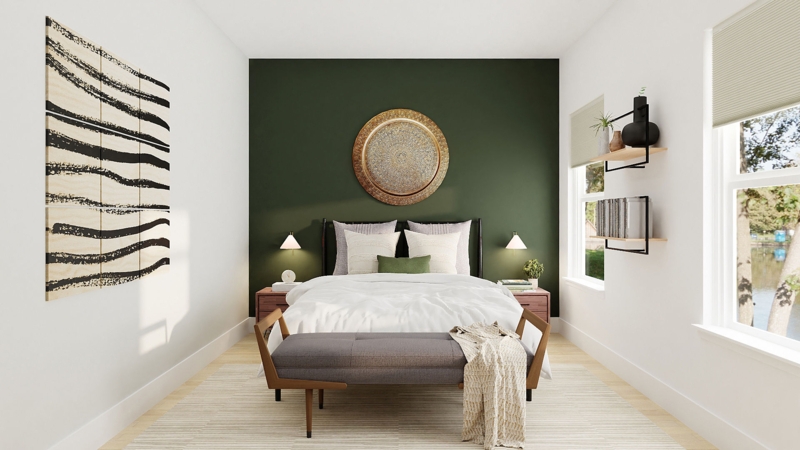 Bedroom Set Emerald Green Wall Circular Gold Art Mid Century Modern