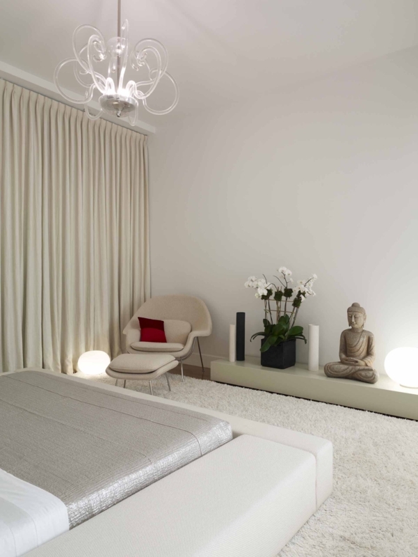 Bedroom Shag Rug Orb Floor Lamps Buddha Statue All White Zen Retreat