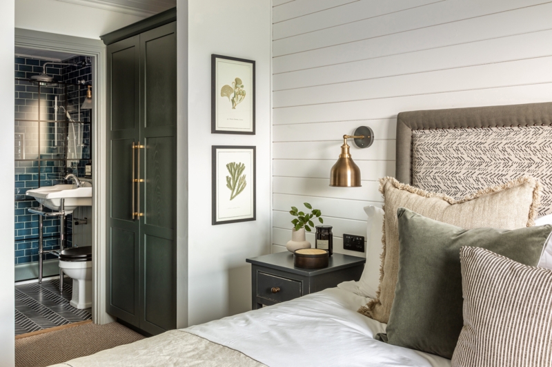 Bedroom Shiplap Accent Wall with Forest Green Built-In Closet