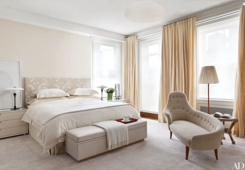 Bedroom Tufted Chaise Patterned Headboard Cream Monochromatic Zen