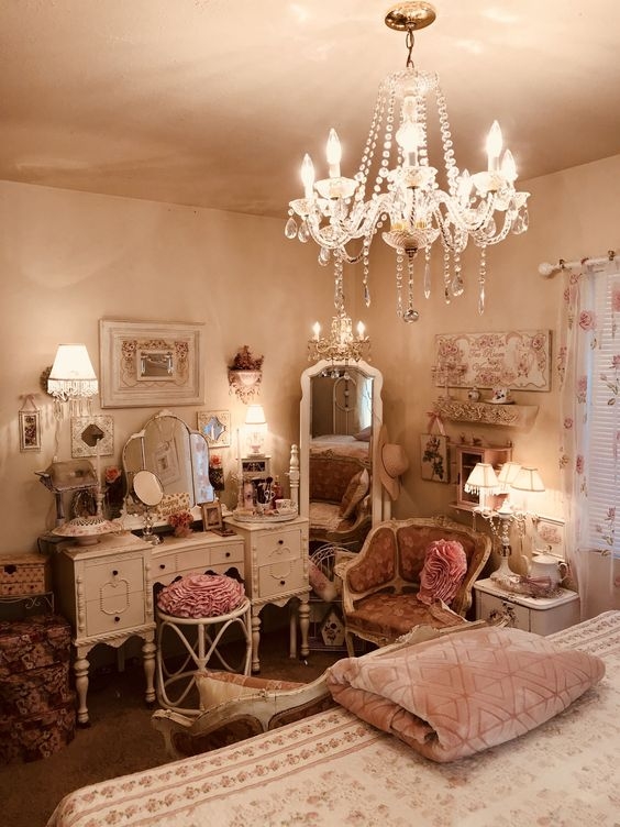 Bedroom Vanity Setup with Ornate Vintage Desk and Crystal Chandelier