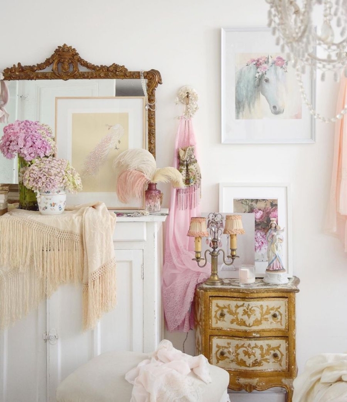 Bedroom Vignette with Antique Distressed Gold and Fringed Textile