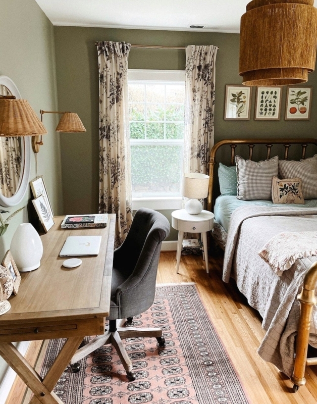 Bedroom with Brass Spindle Bed, Sage Green Walls and Woven Light Fixture