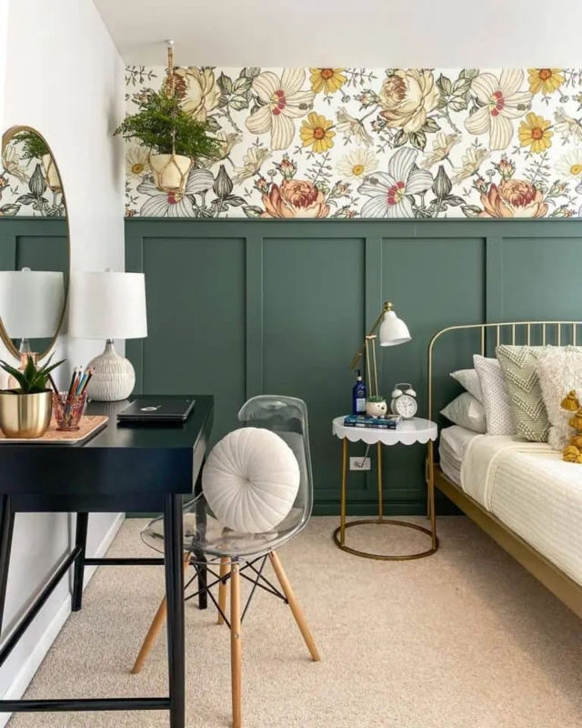 Bedroom with Green Board and Batten Paneling and Floral Wallpaper