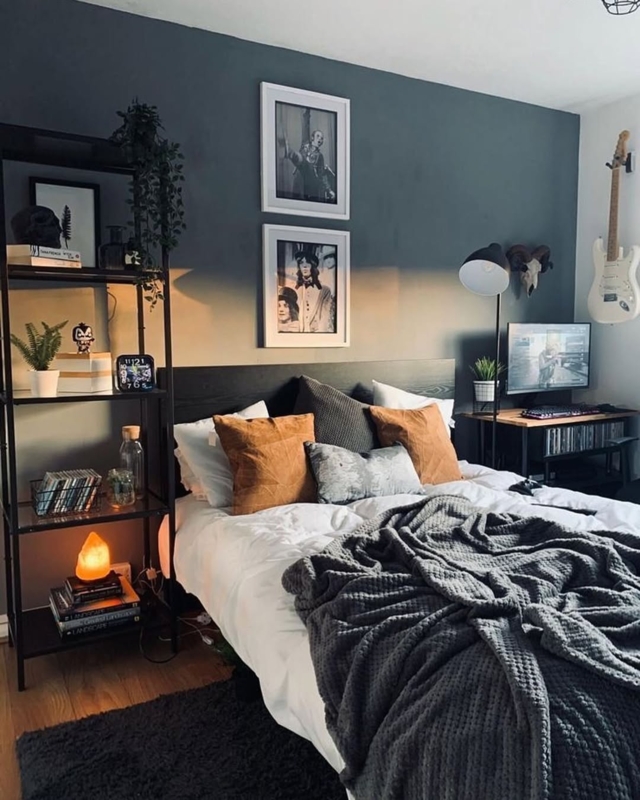 Bedroom with Industrial Metal Shelving and Charcoal Accent Wall
