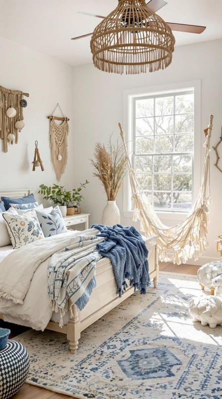 Bedroom with Macrame Hammock and Basket Ceiling Fan Decor