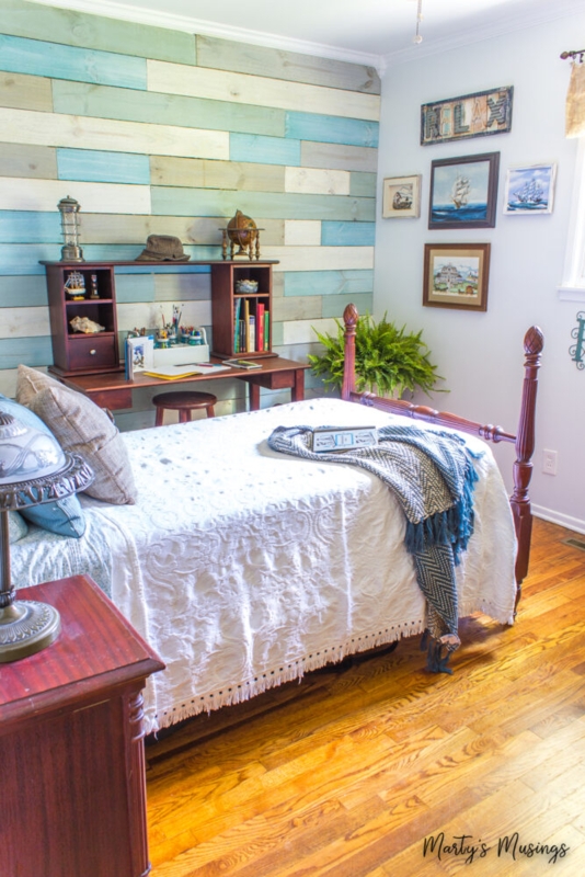 Bedroom with Multi-Colored Shiplap and Traditional Hutch Desk