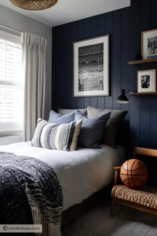 Bedroom with Navy Shiplap Wall and Woven Accent Chair