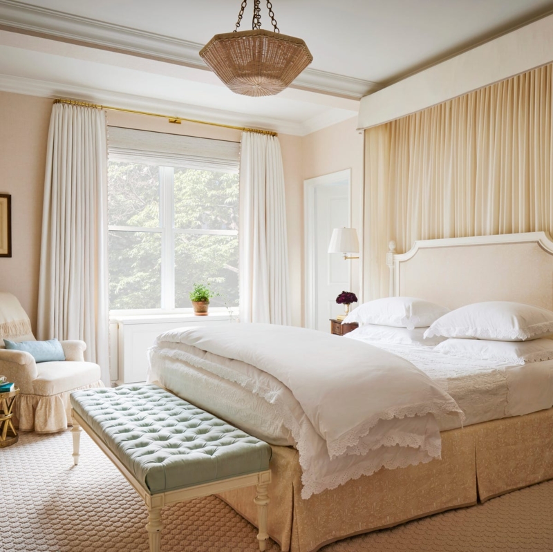 Bedroom with Sage Green Tufted Bench and Pleated Fabric Wall Backdrop