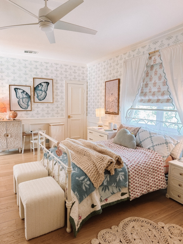 Bedroom with Scalloped Edge Rug and Block Print Wallpaper